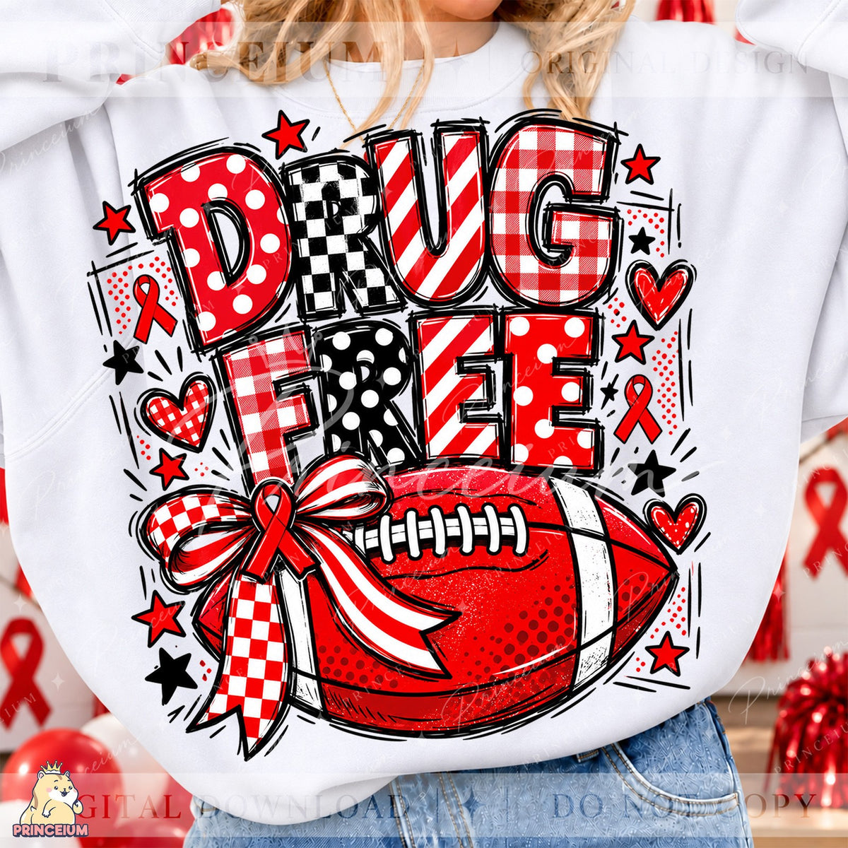 Drug Free Football Red Ribbon