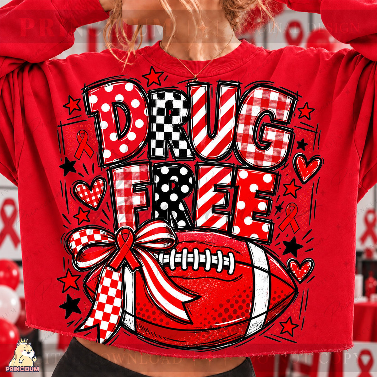 Drug Free Football Red Ribbon