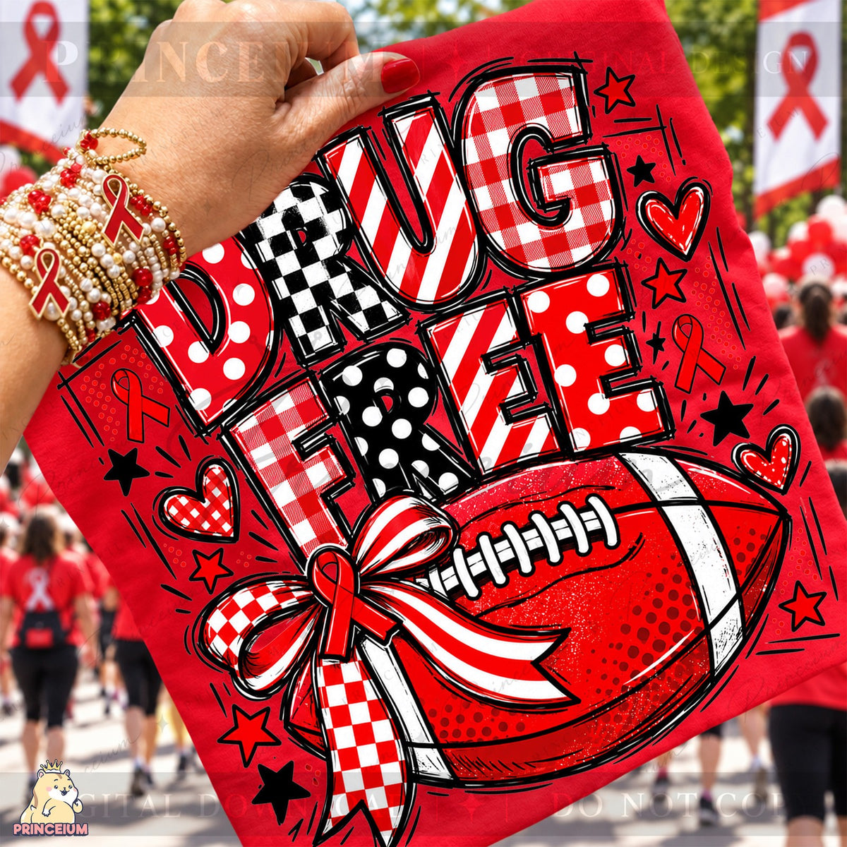 Drug Free Football Red Ribbon