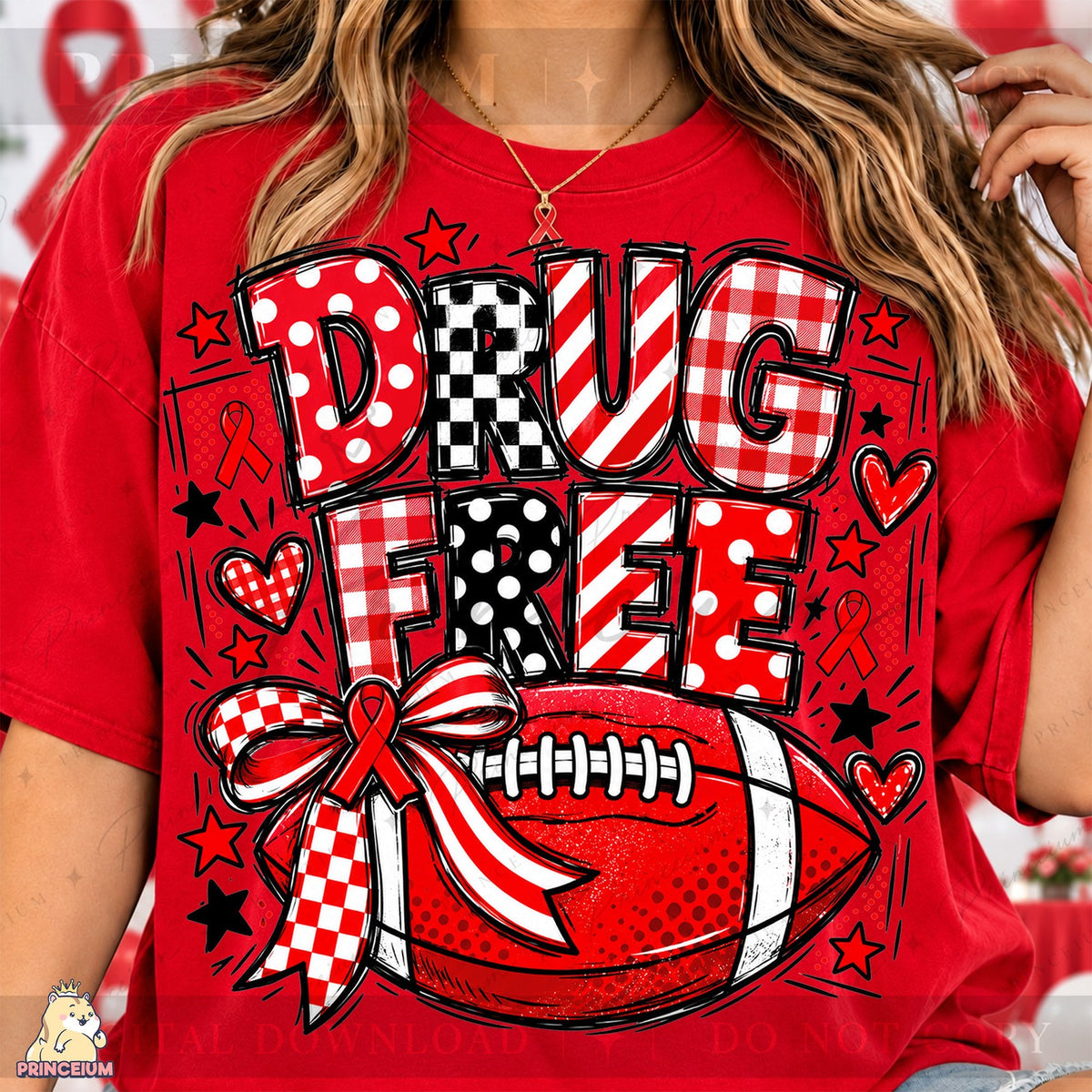 Drug Free Football Red Ribbon