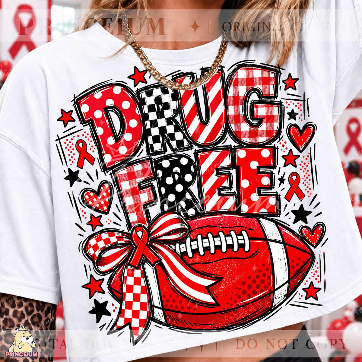 Drug Free Football Red Ribbon