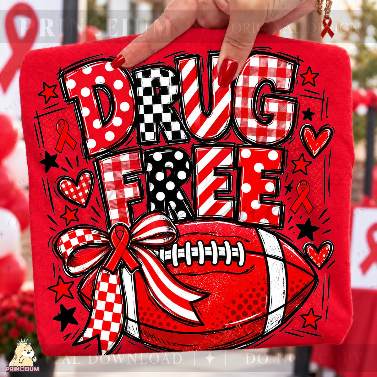 Drug Free Football Red Ribbon