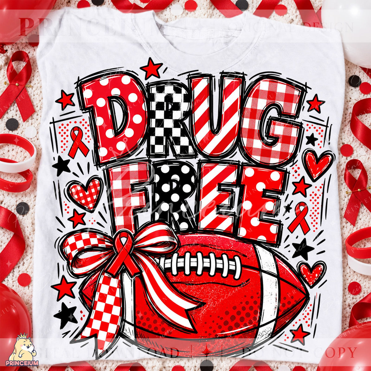 Drug Free Football Red Ribbon