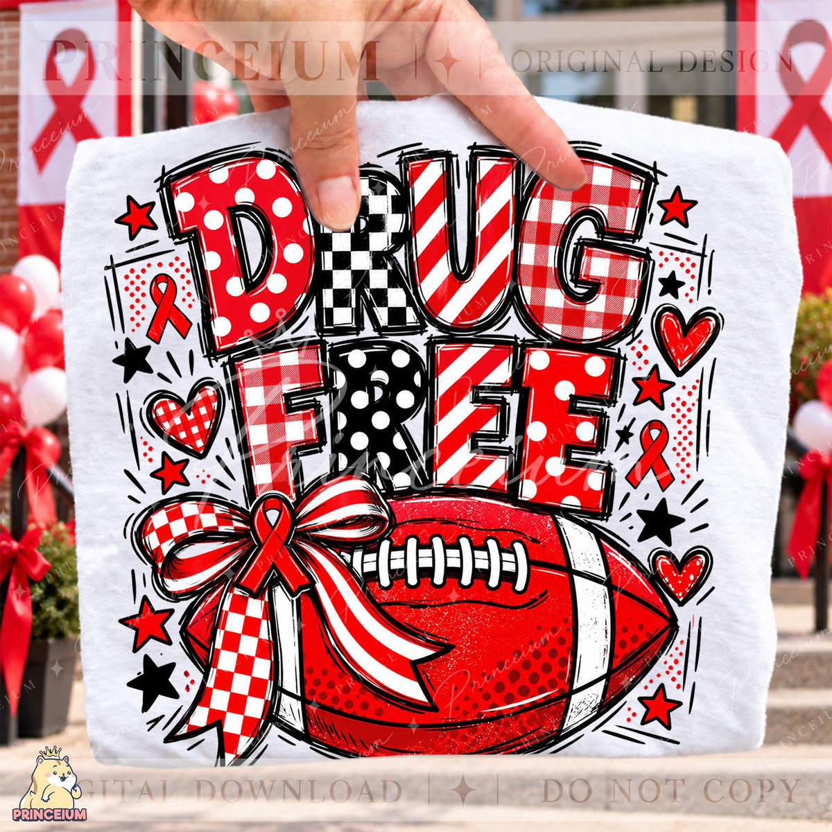 Drug Free Football Red Ribbon