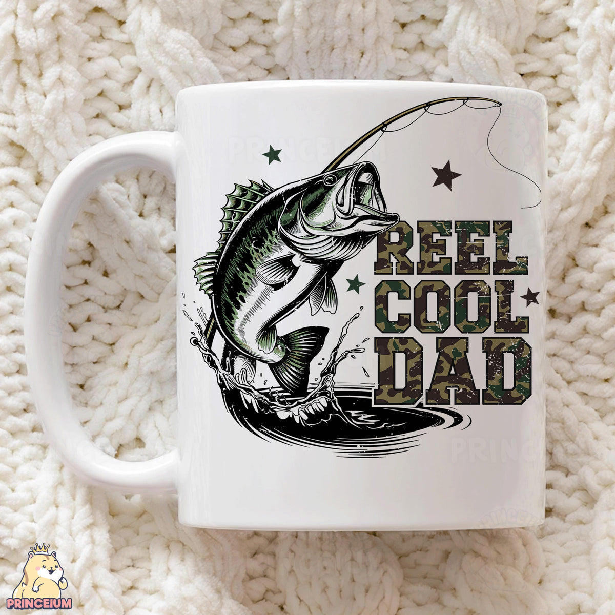 a coffee mug with a fishing design on it
