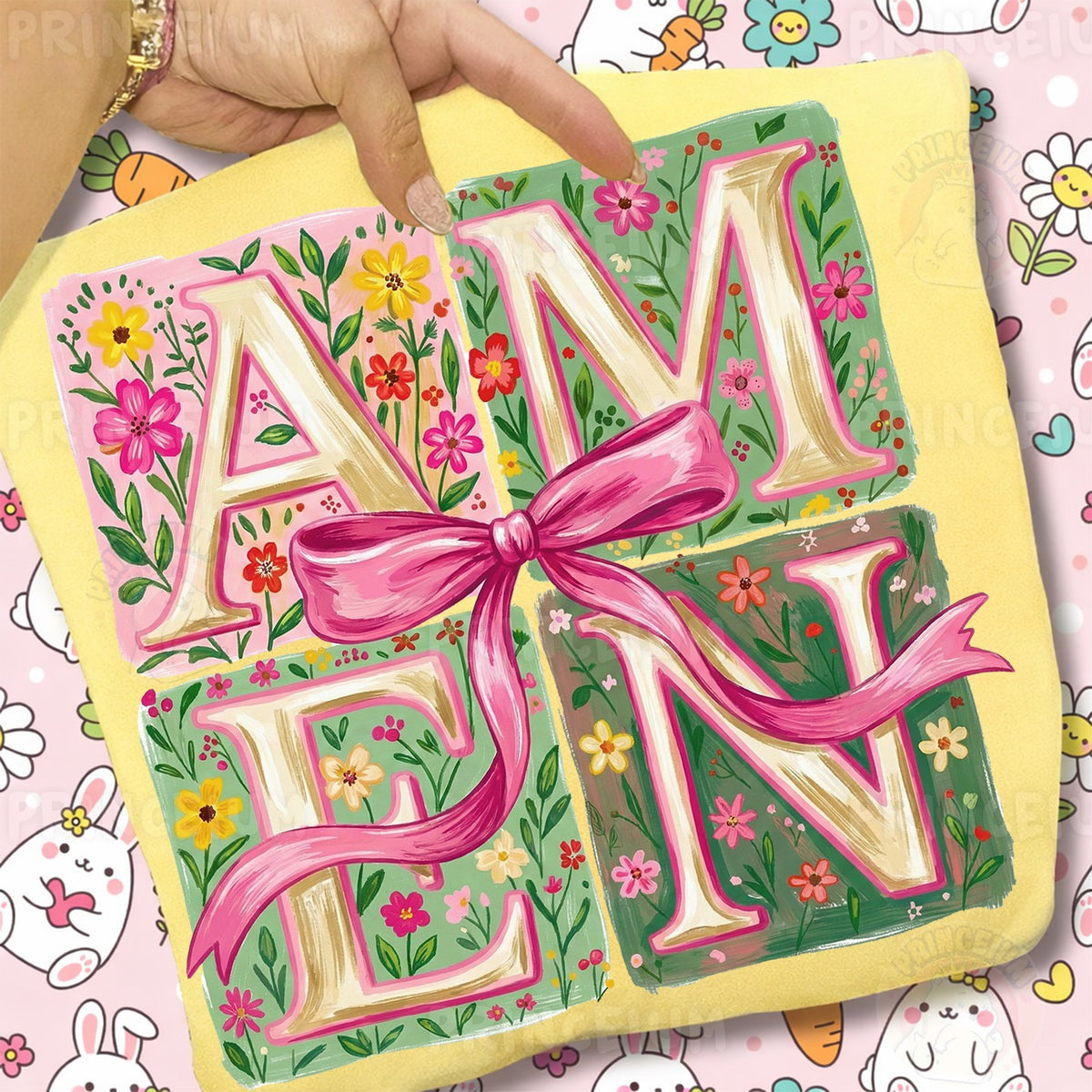 Floral Amen with Pink Bow