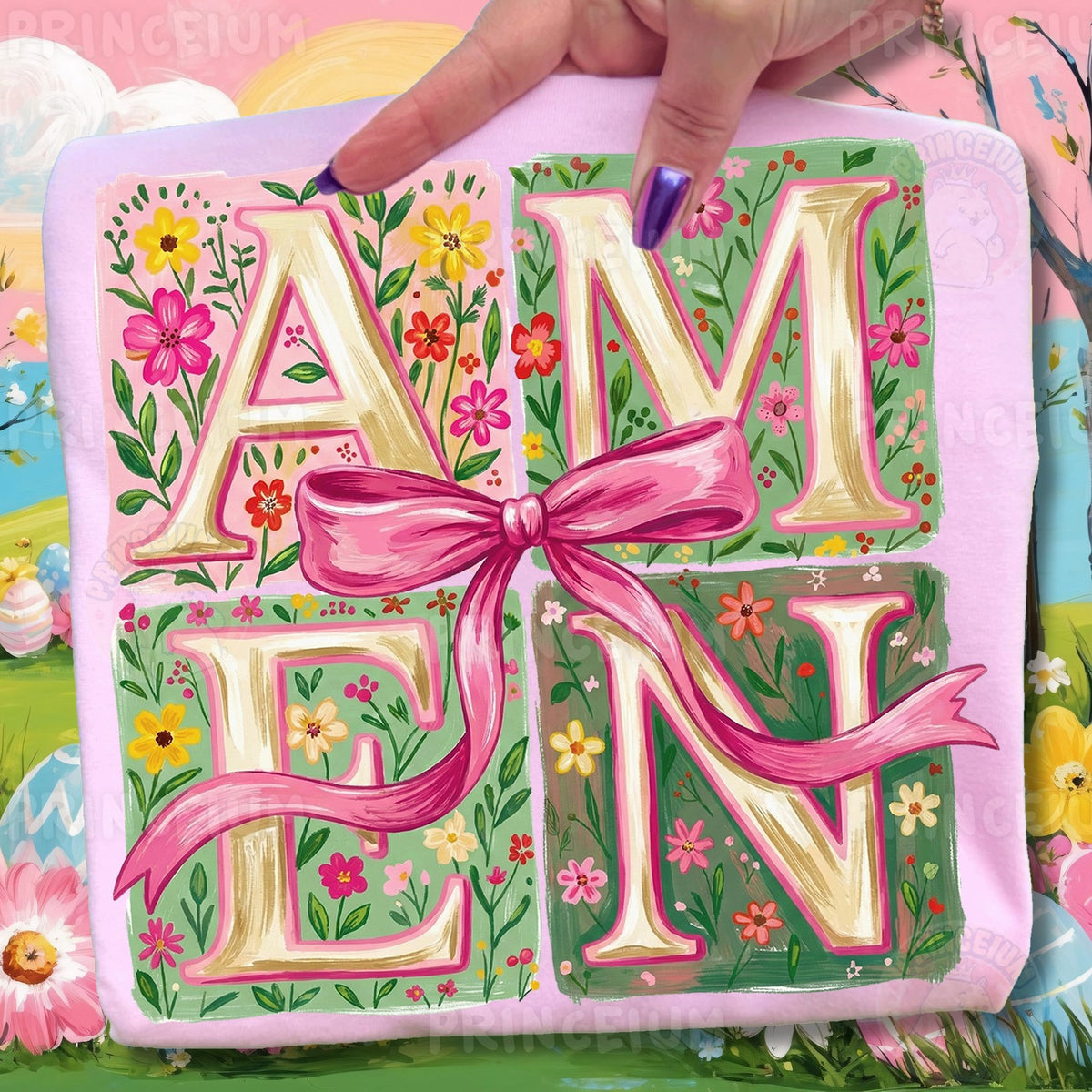 Floral Amen with Pink Bow