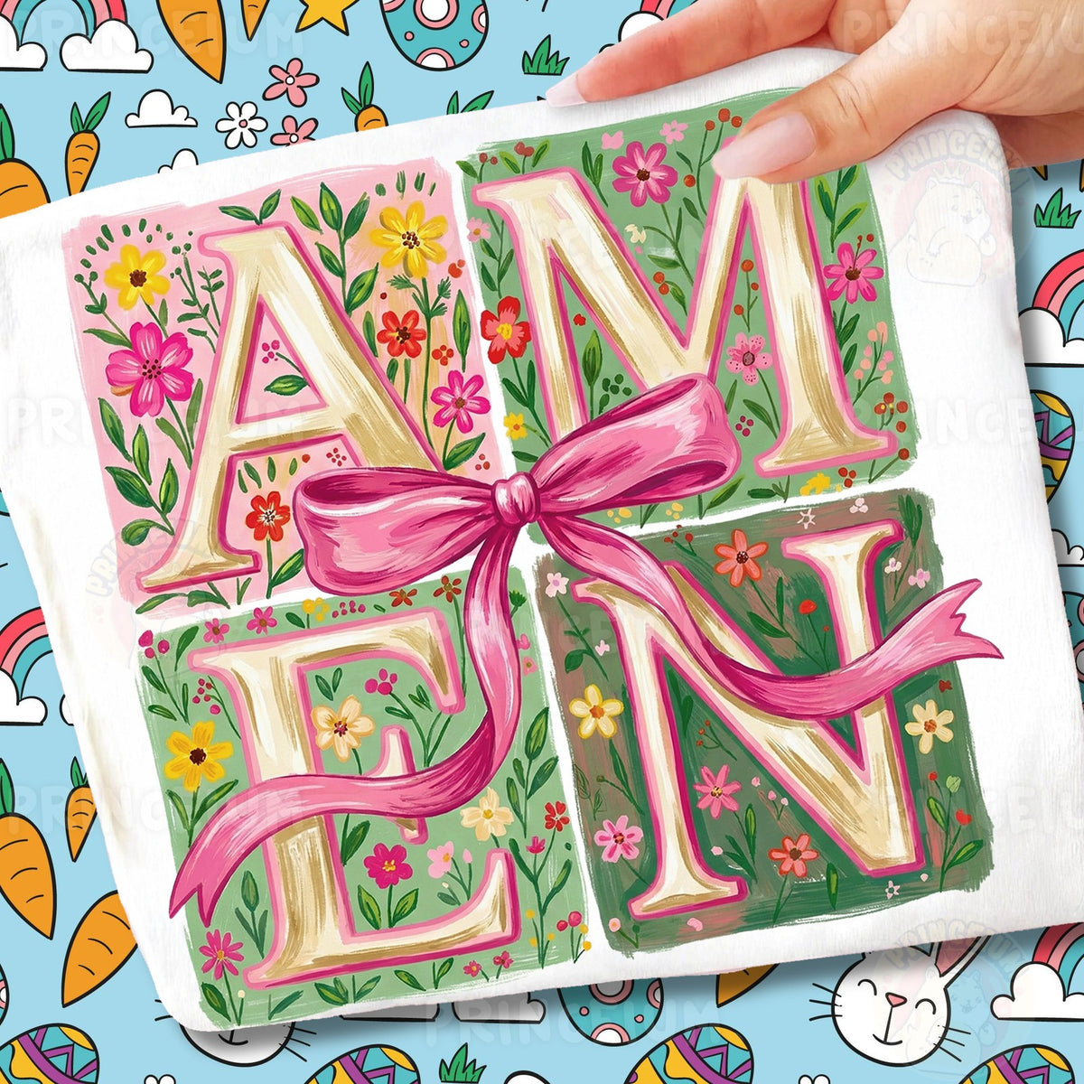 Floral Amen with Pink Bow