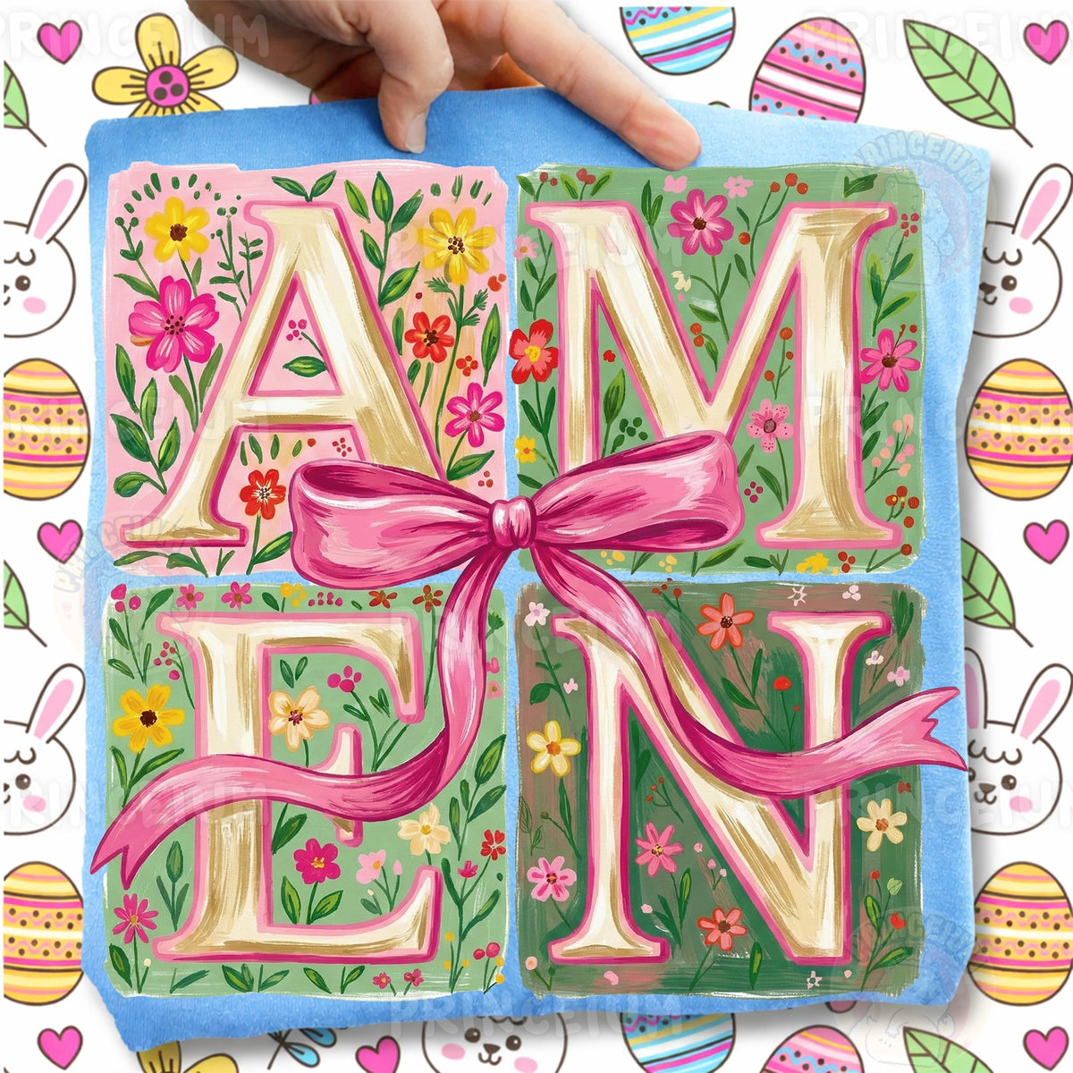 Floral Amen with Pink Bow