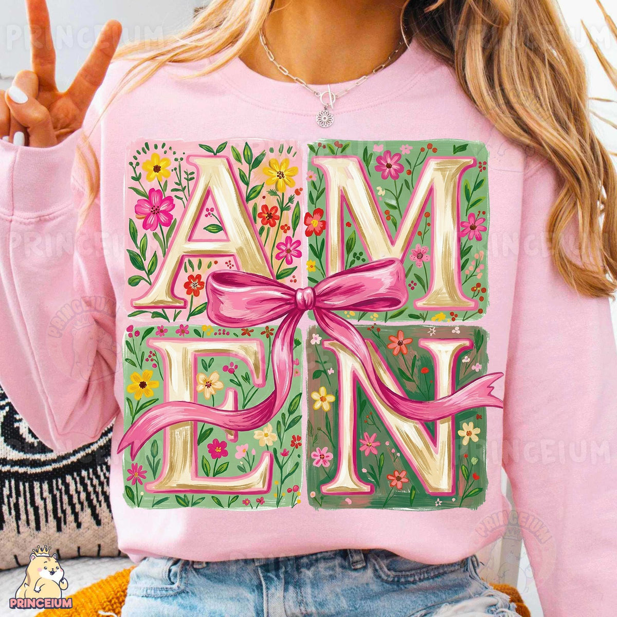Floral Amen with Pink Bow