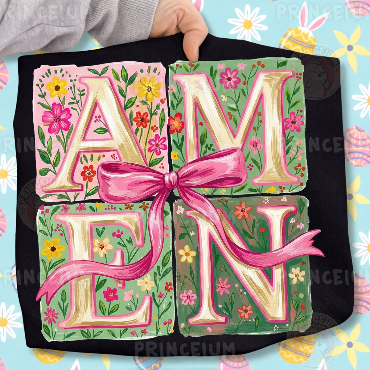 Floral Amen with Pink Bow