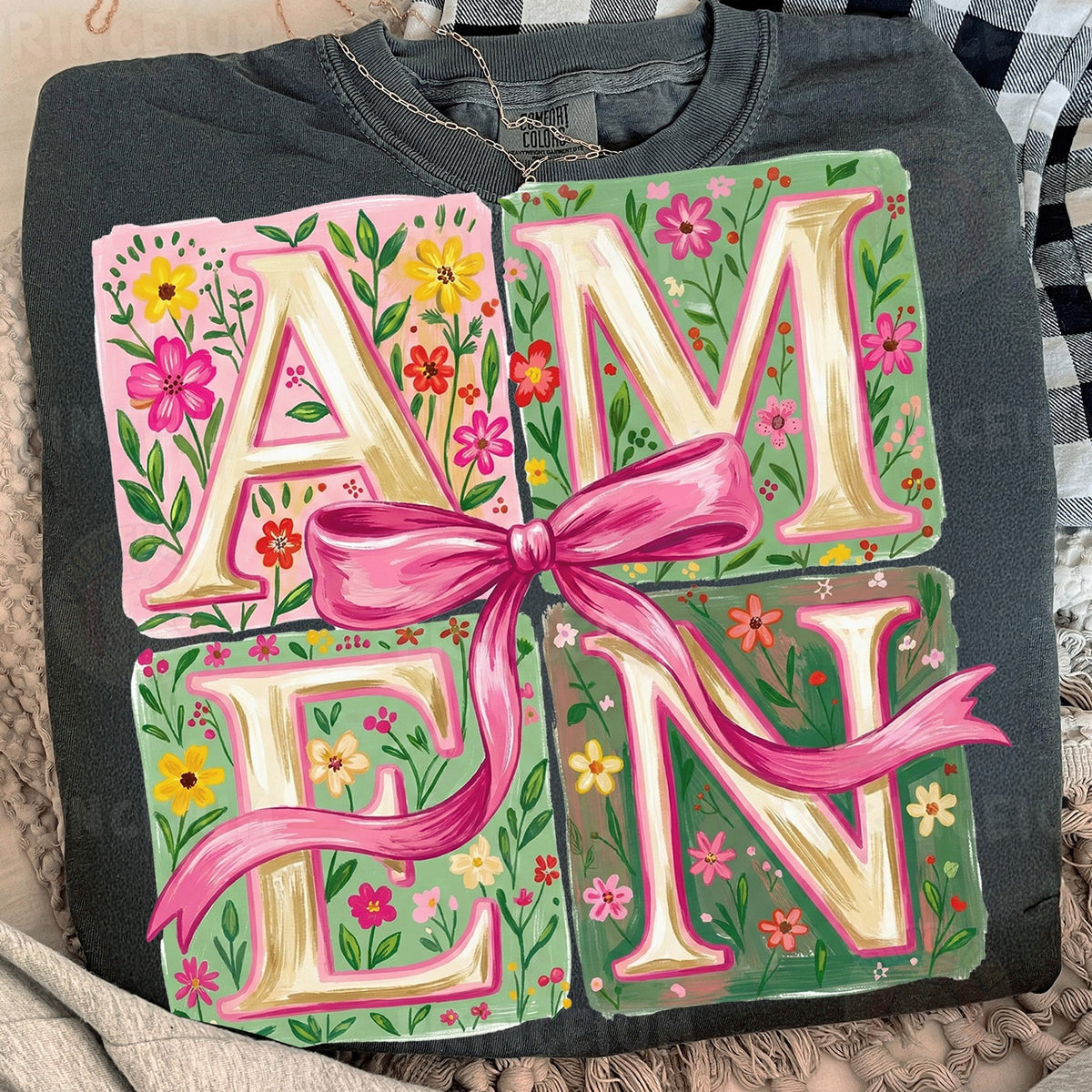 Floral Amen with Pink Bow