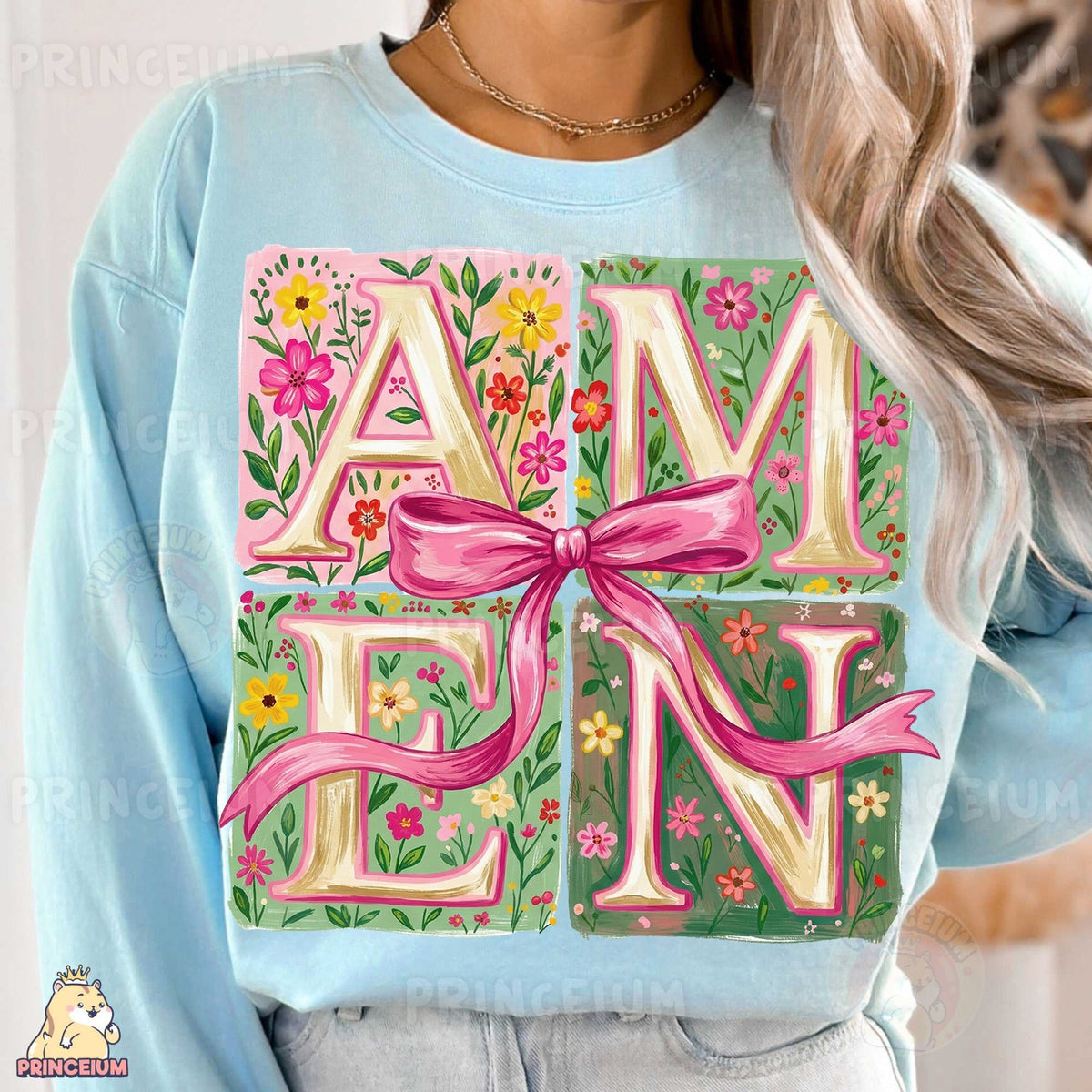 Floral Amen with Pink Bow