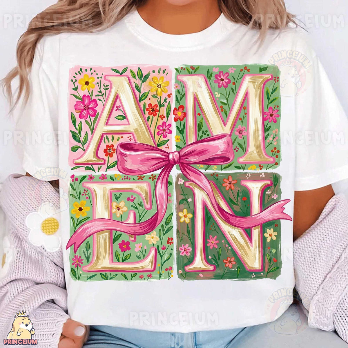 Floral Amen with Pink Bow