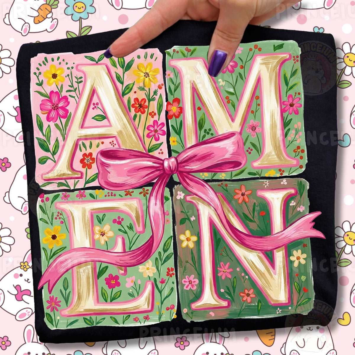 Floral Amen with Pink Bow