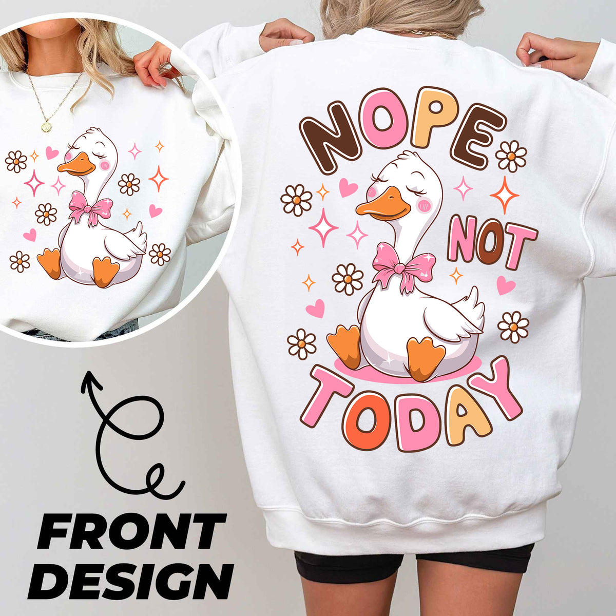 a woman wearing a white sweatshirt with a duck on it