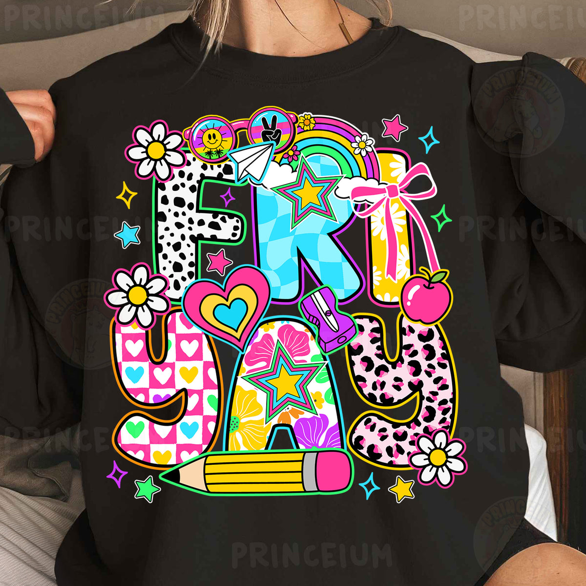 a woman wearing a black shirt with colorful letters