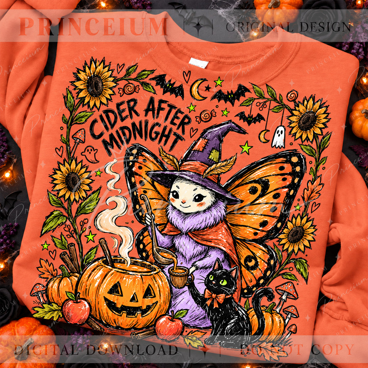 Cider After Midnight Halloween PNG – Butterfly Witch & Black Cat Design | Digital Download