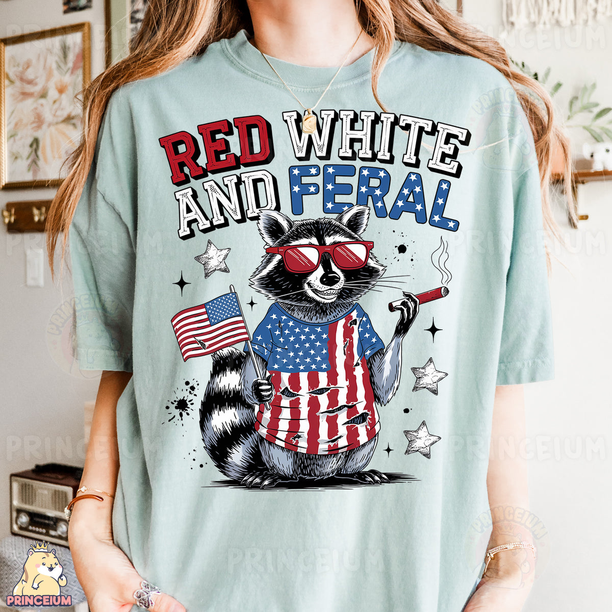 a woman wearing a red, white and fe ral t - shirt