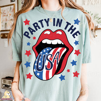 a woman wearing a party in the usa shirt
