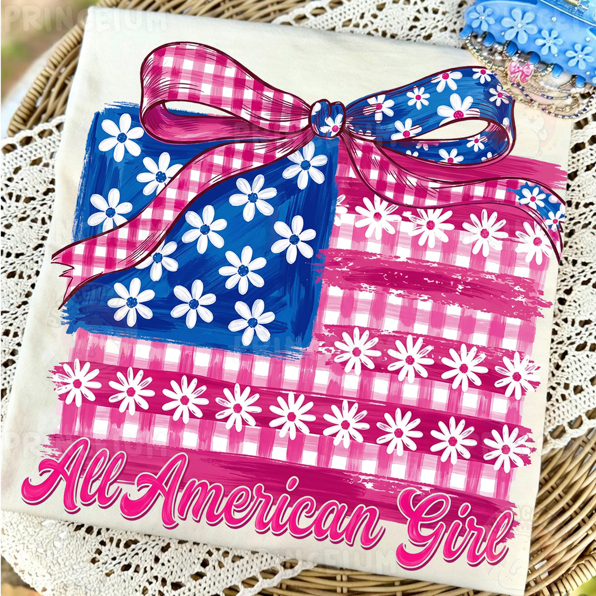 All American Girl Sublimation Design PNG | Patriotic Gingham Flag with Bow Digital Download
