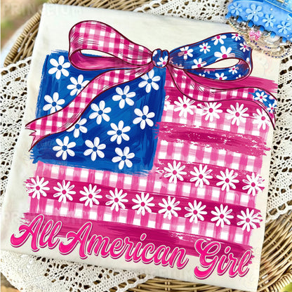 All American Girl Sublimation Design PNG | Patriotic Gingham Flag with Bow Digital Download