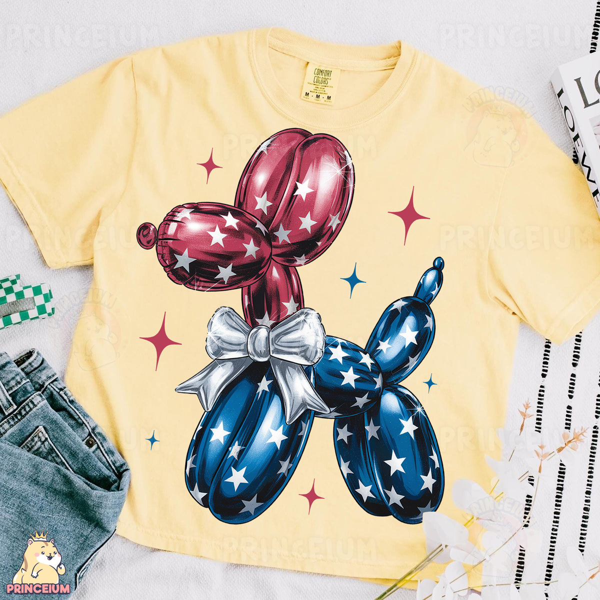 a yellow shirt with a red, white and blue balloon
