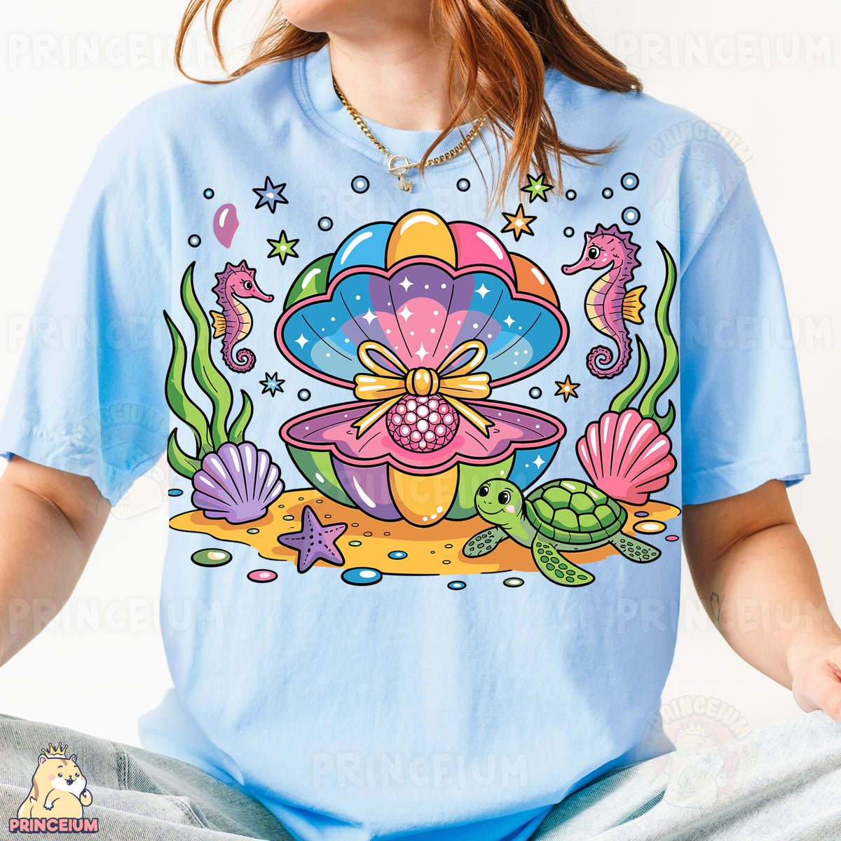 a woman wearing a t - shirt with an image of a turtle on it