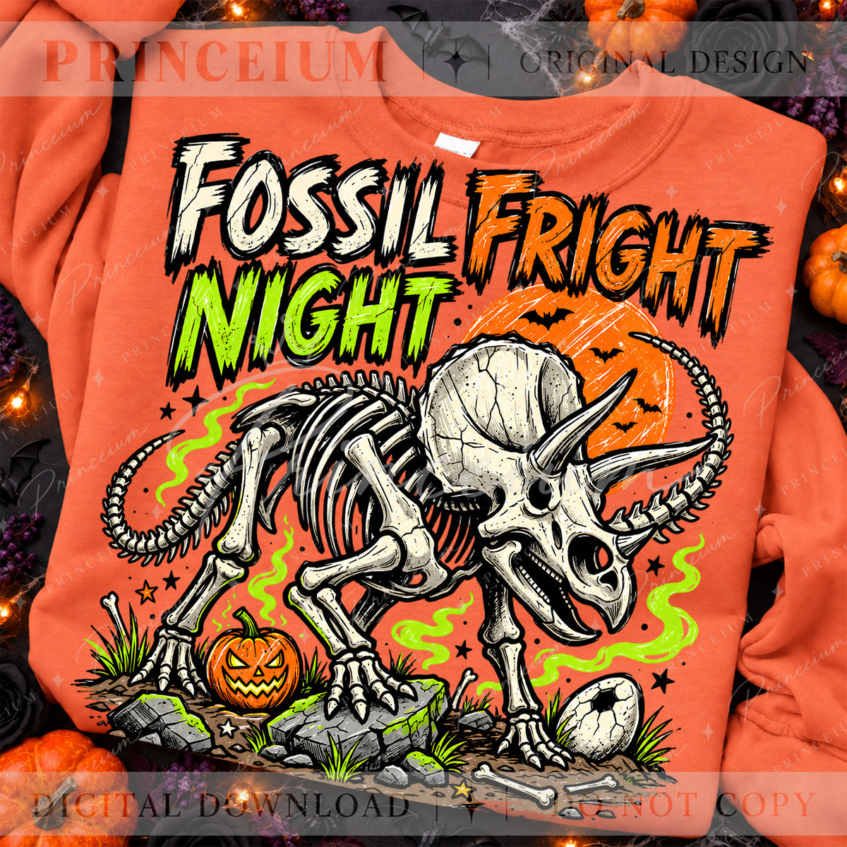 Fossil Fright Night Halloween PNG – Triceratops Skeleton Design | Digital Download