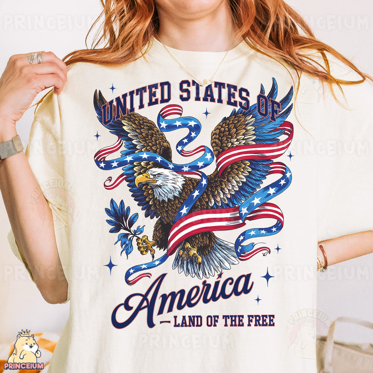 a woman wearing a united states of america t - shirt