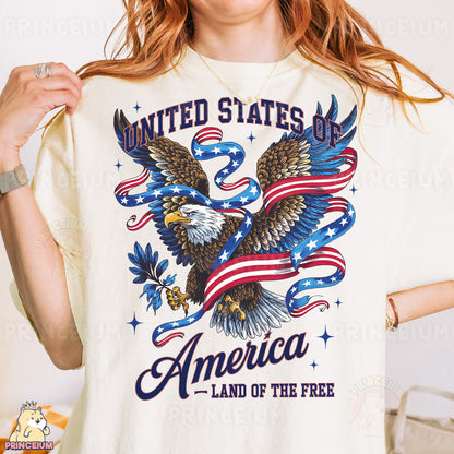 a woman wearing a united states of america t - shirt