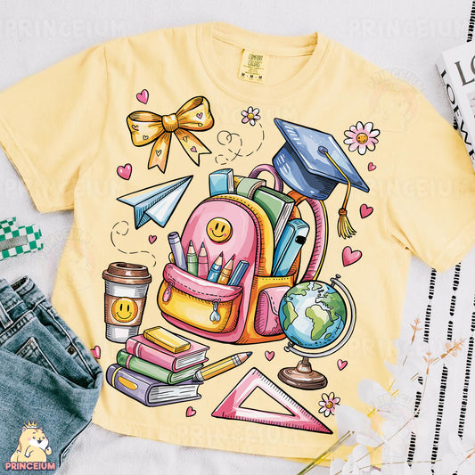 a yellow shirt with a picture of a backpack and books