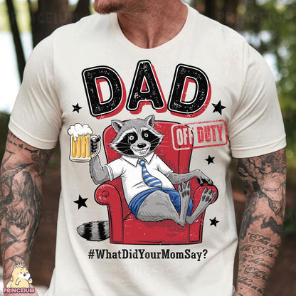 a man wearing a white shirt with a raccoon on it