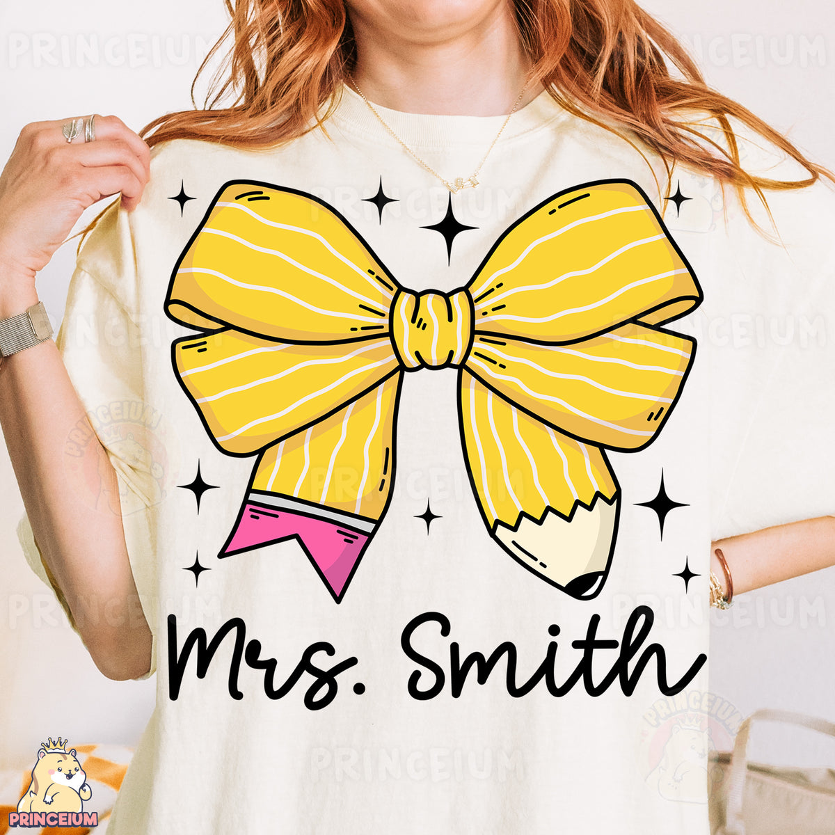 a woman wearing a white shirt with a yellow bow on it