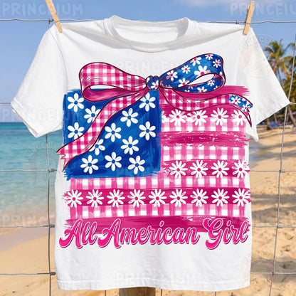 All American Girl Sublimation Design PNG | Patriotic Gingham Flag with Bow Digital Download