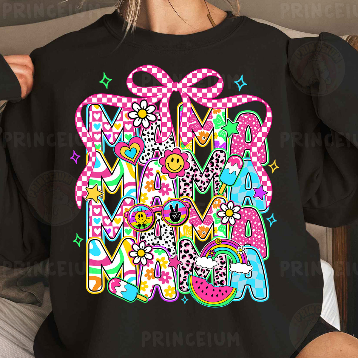 a woman wearing a black shirt with the words mardi gras on it