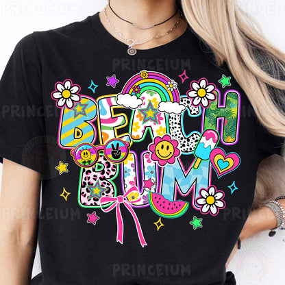 a woman wearing a black shirt with the words happy mom on it