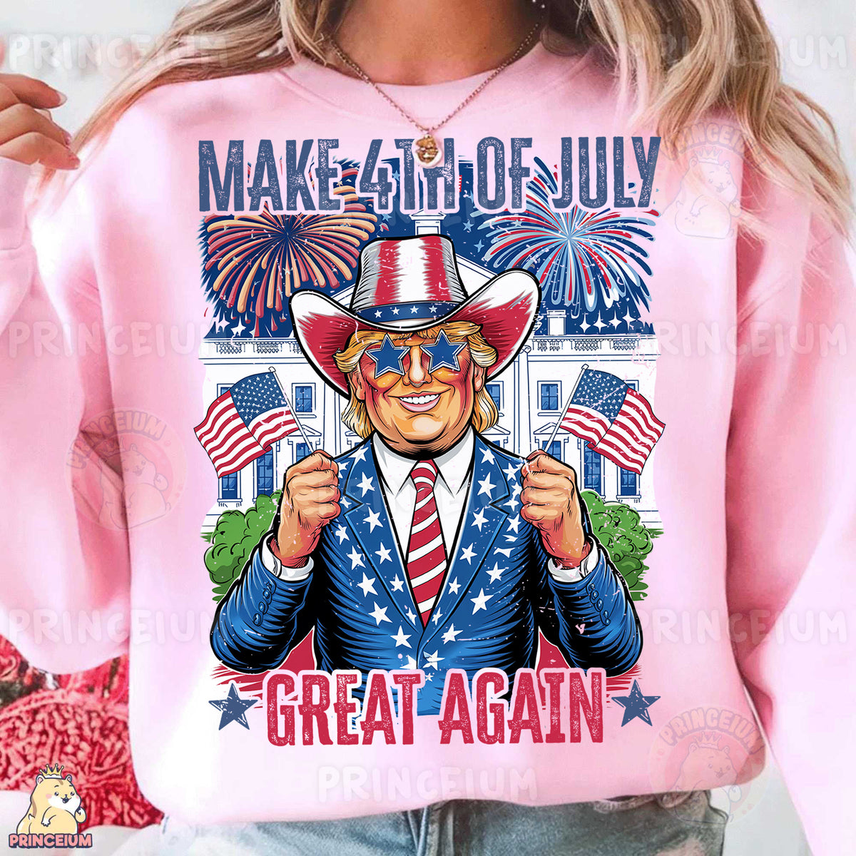 a woman wearing a pink shirt with an image of president trump