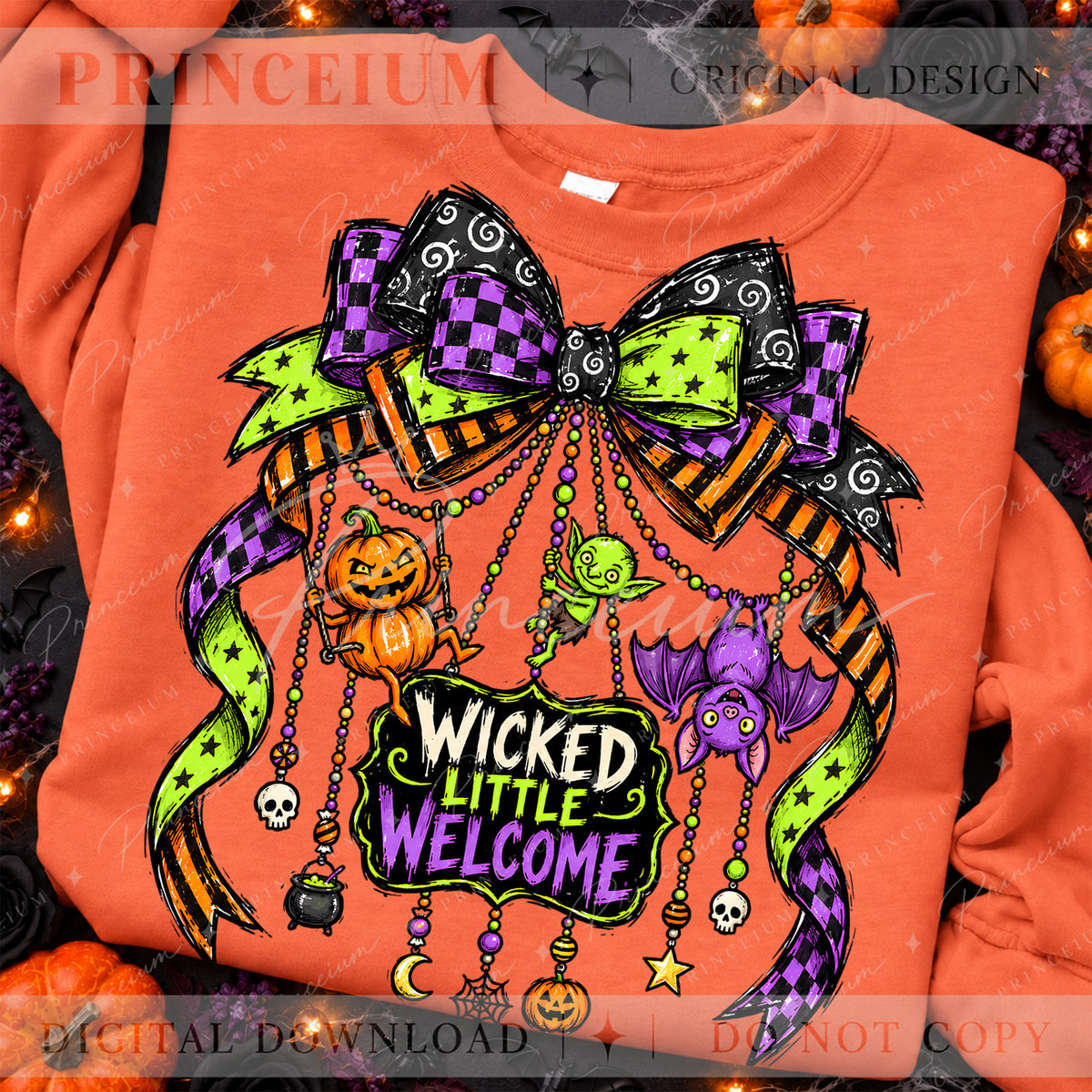 Wicked Little Welcome Halloween PNG – Spooky Bow & Charms Design | Digital Download