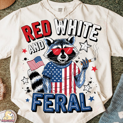 a red, white and blue shirt with a raccoon wearing sunglasses