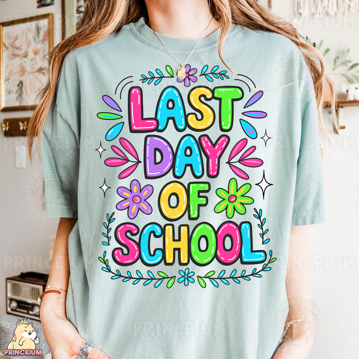 a woman wearing a t - shirt that says last day of school