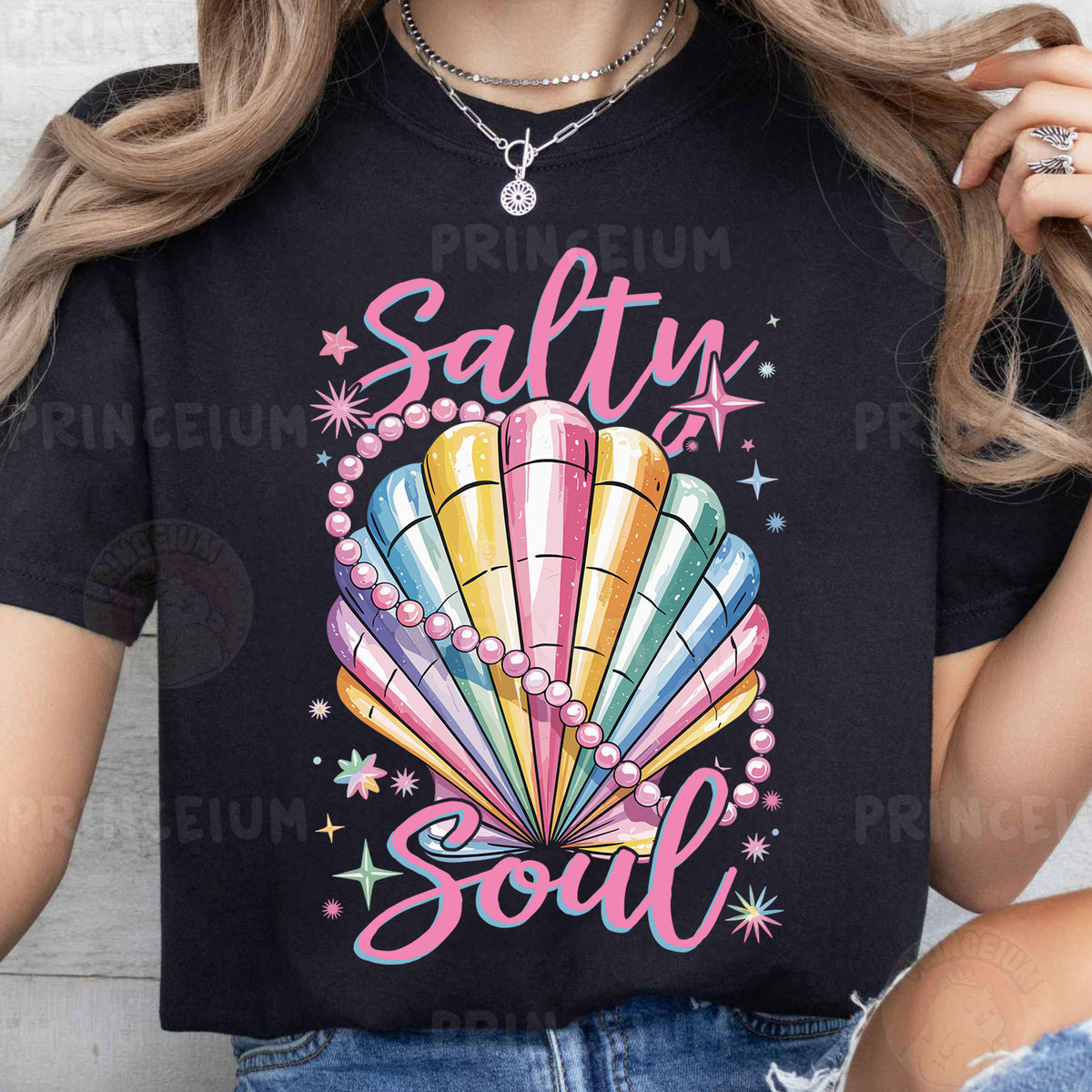 a woman wearing a t - shirt that says salty soul