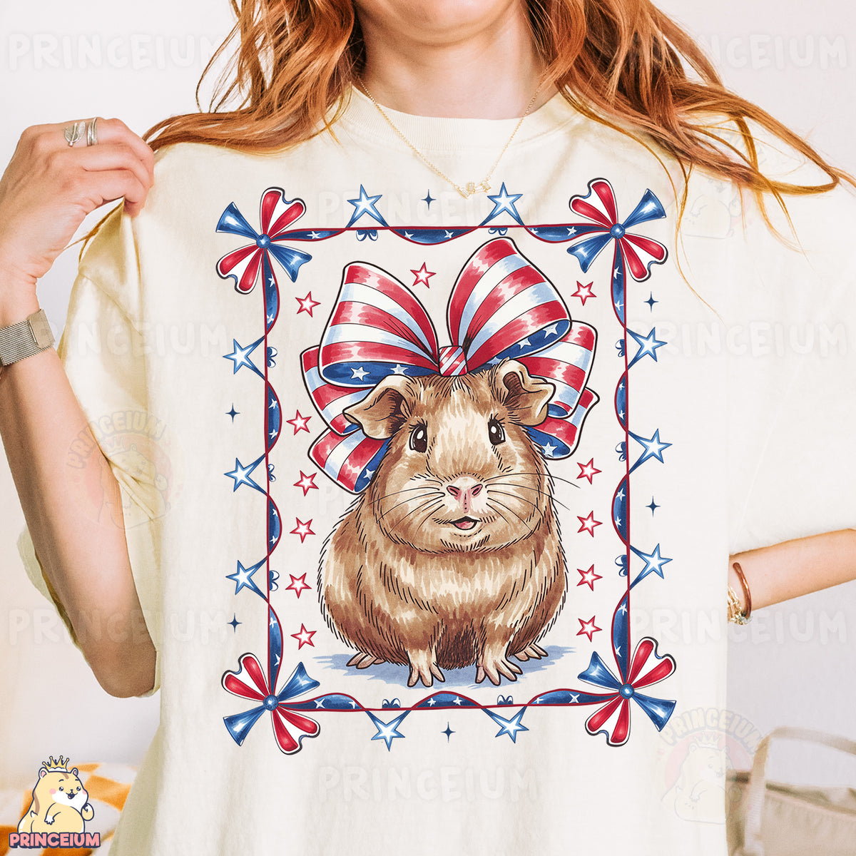 a woman wearing a shirt with a picture of a hamster on it