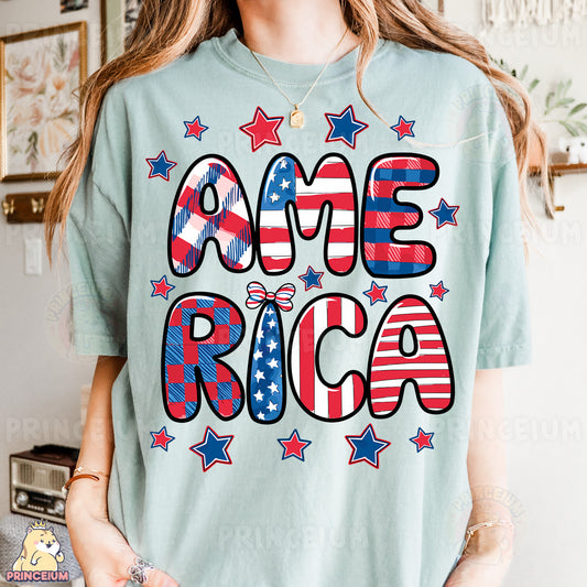 a woman wearing a t - shirt with the word america on it