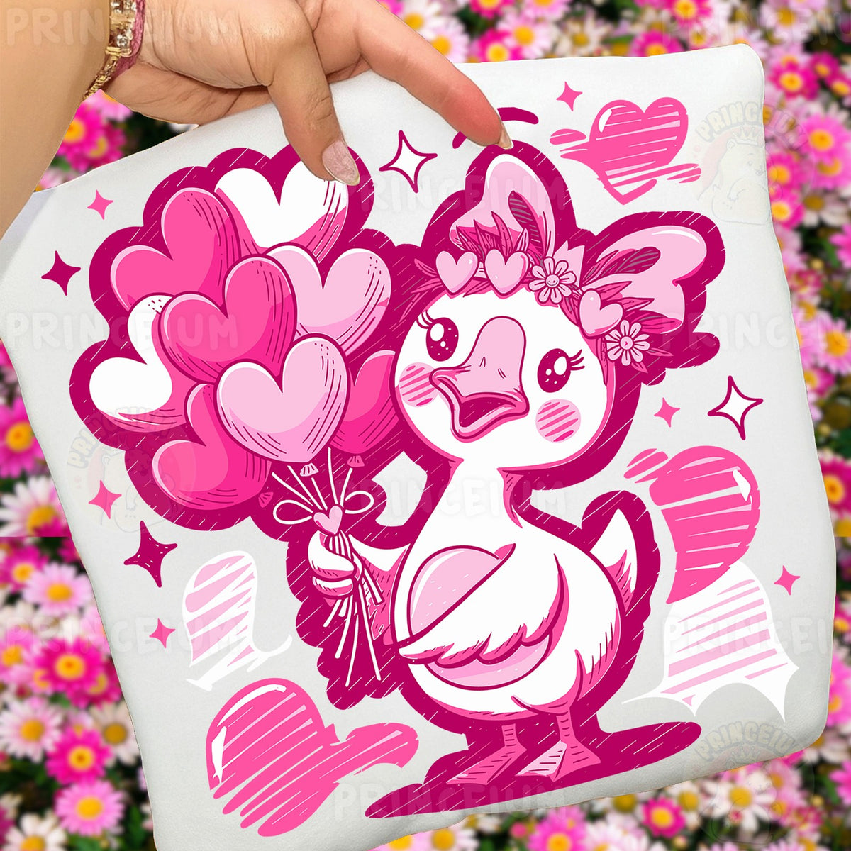 Valentine Duck with Heart Balloons