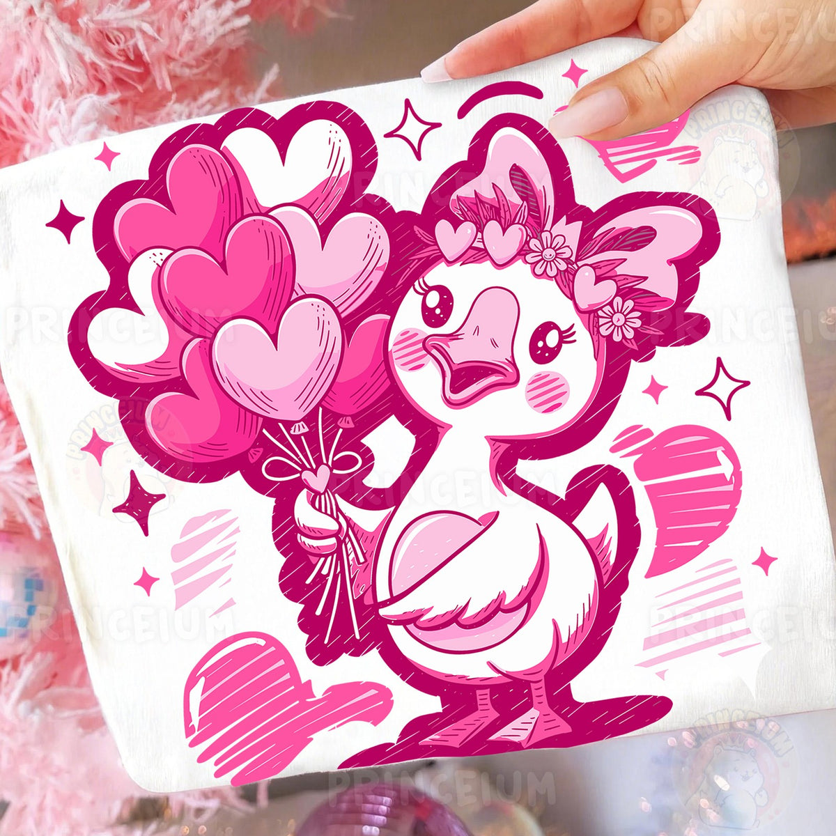 Valentine Duck with Heart Balloons