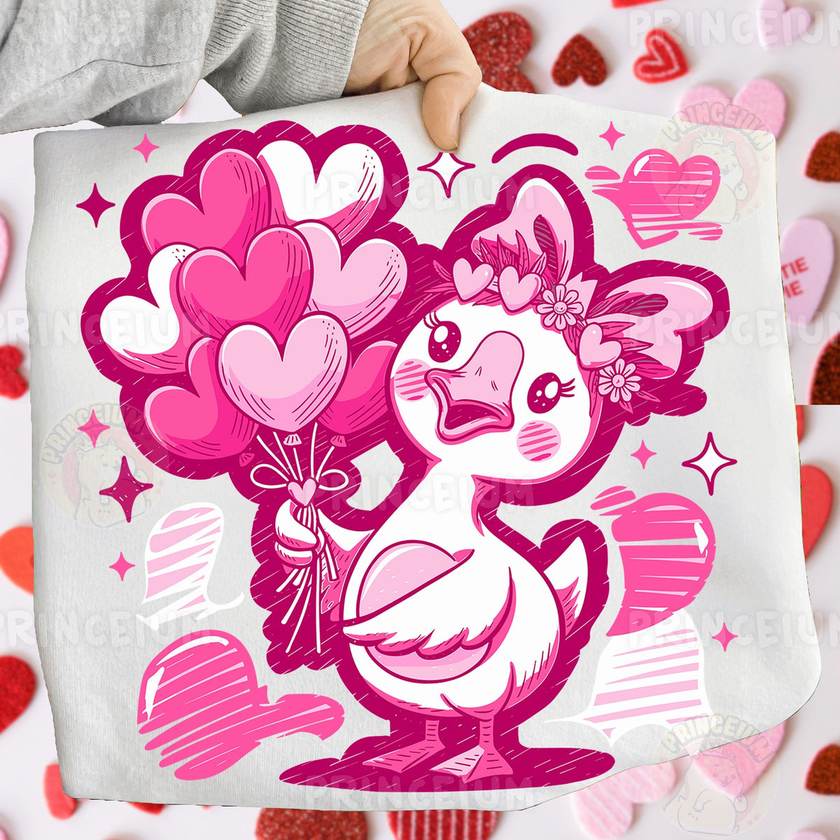 Valentine Duck with Heart Balloons