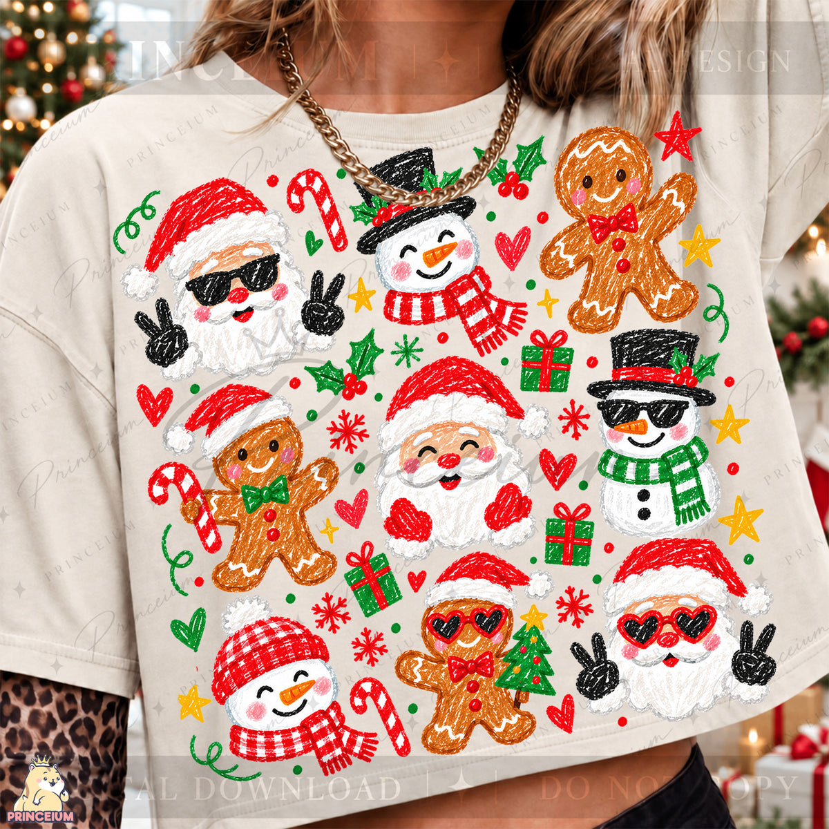 Christmas Doodle PNG – Santa, Snowman & Gingerbread Design  Digital Download