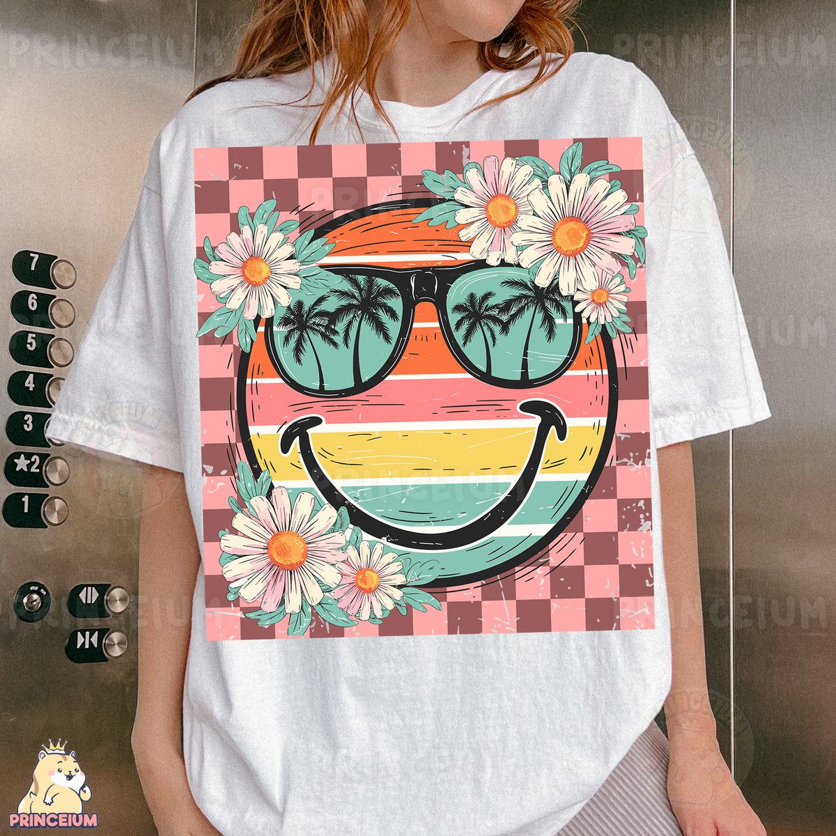 a woman wearing a white t - shirt with a picture of a smiley face wearing