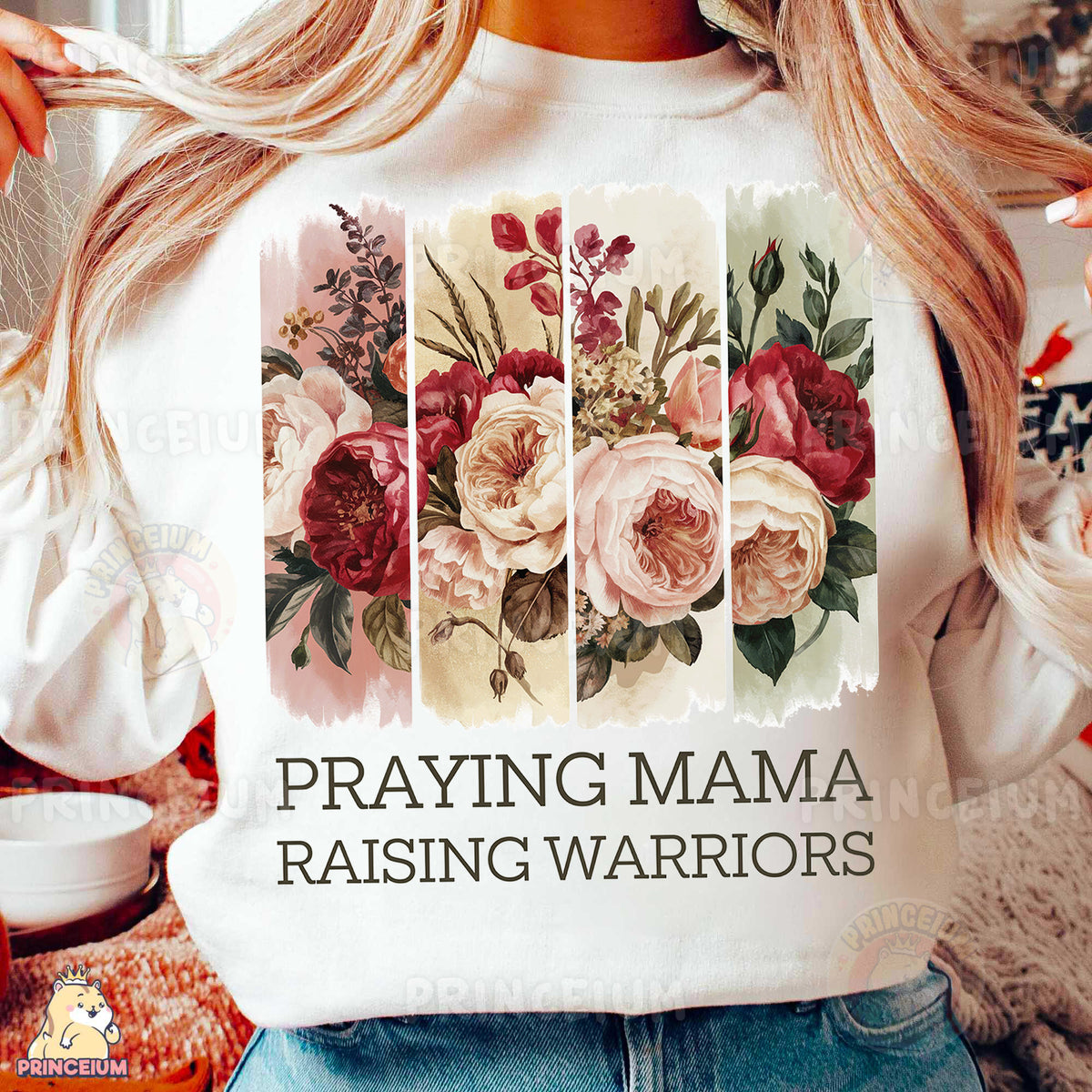 a woman wearing a t - shirt that says praying mama raising warriors